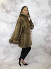 Греческая норковая шуба Пастель с Куницей на стойке и рукавах. Норка стрижка сбоку
